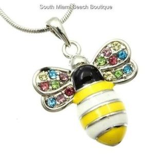 Silver Crystal Bumble Bee Necklace Multicolor 18"